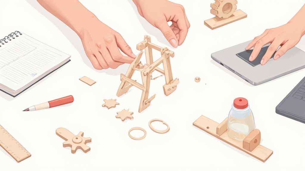 A child building a small rocket with craft supplies at a table