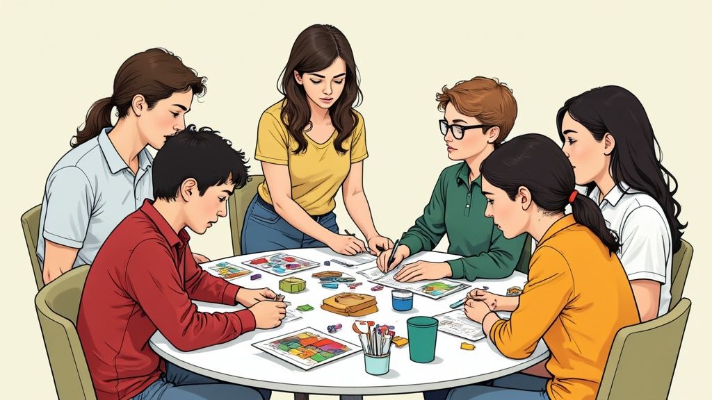 A comfortable, bright room with whiteboards, colorful sticky notes, and flexible seating, designed to encourage collaboration and idea sharing.