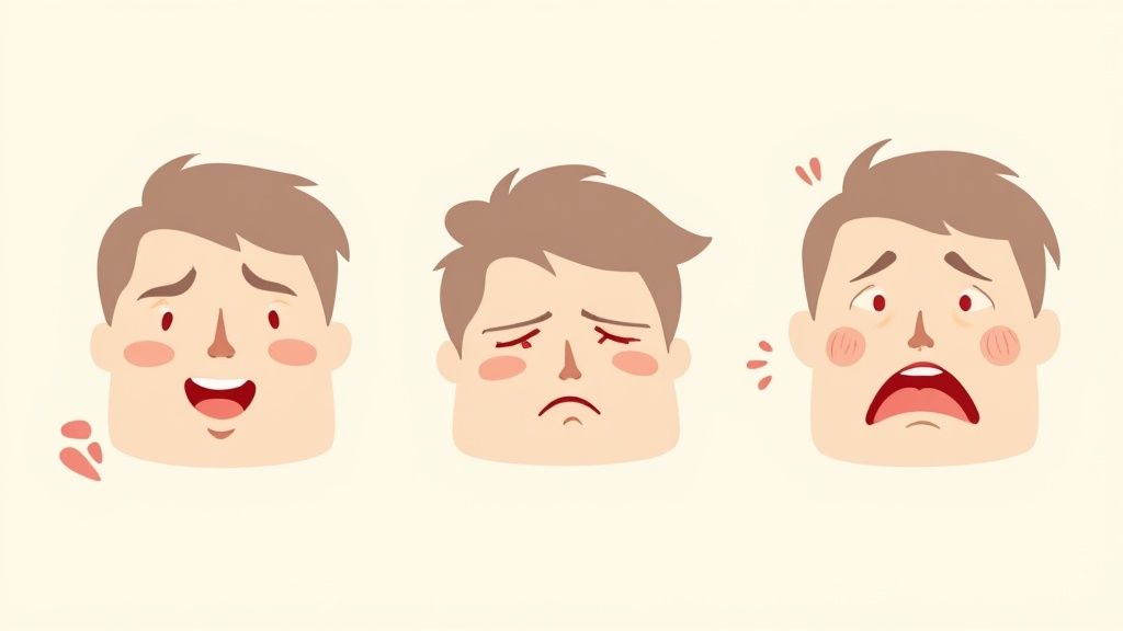 A young girl sits on the floor with a colorful feelings chart, pointing to a happy face.