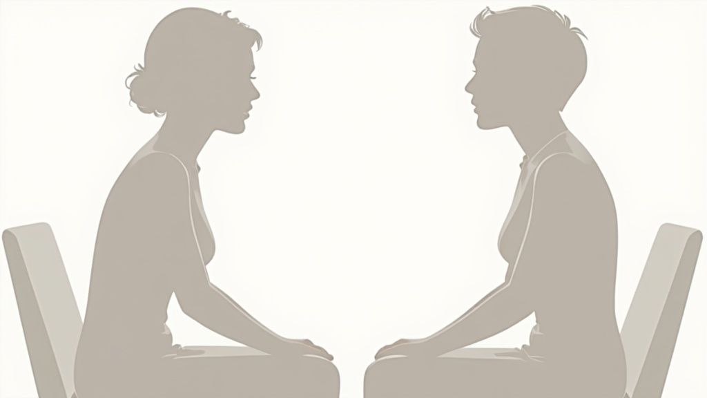 A parent and their teenager sitting on a couch, having a calm and engaged conversation.