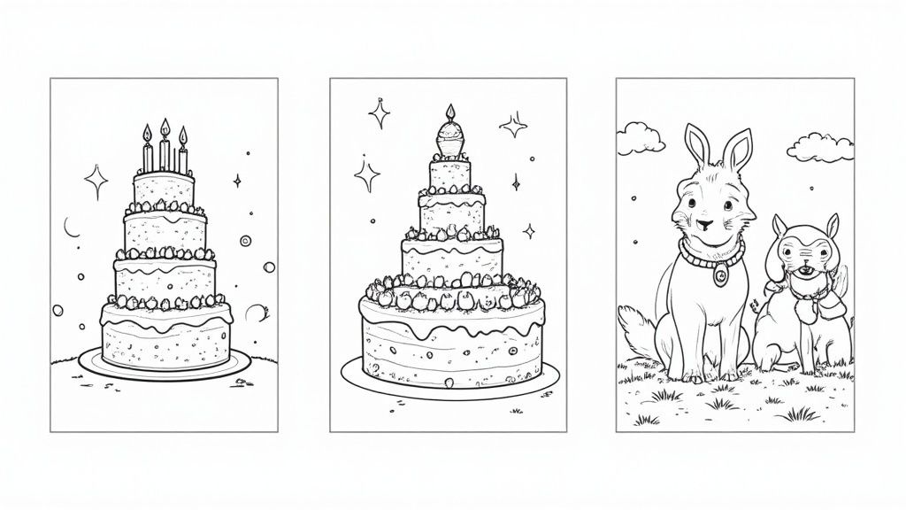 A collection of finished custom coloring pages showing a family pet, a birthday party, and a calming nature scene.
