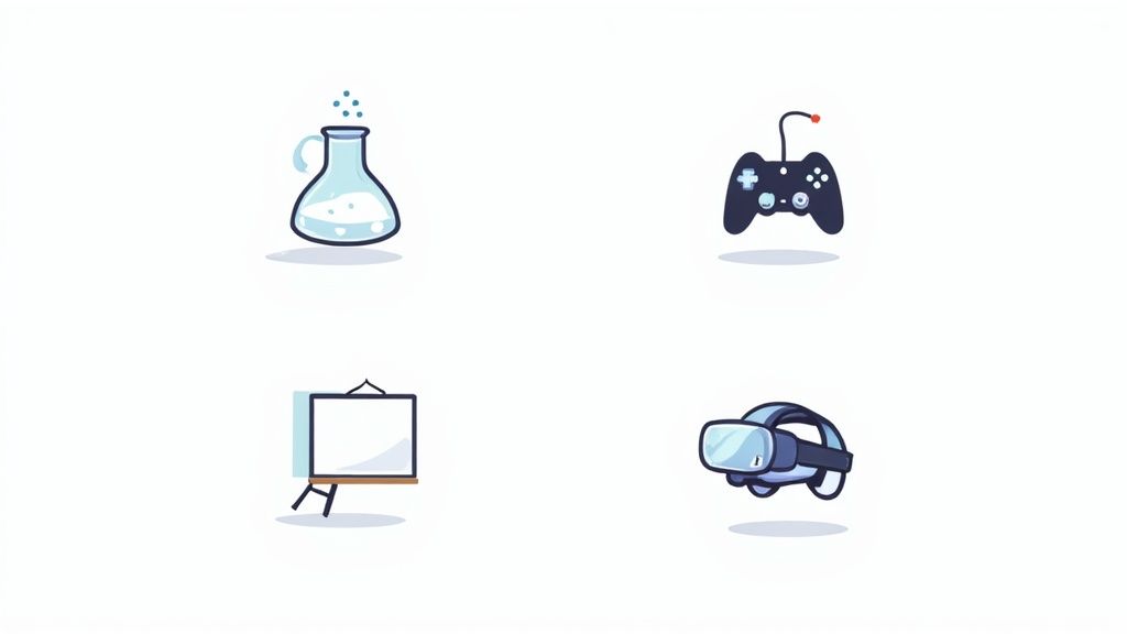 An array of different interactive learning tools displayed on various device screens, including a tablet with a simulation and a laptop with a collaborative whiteboard.