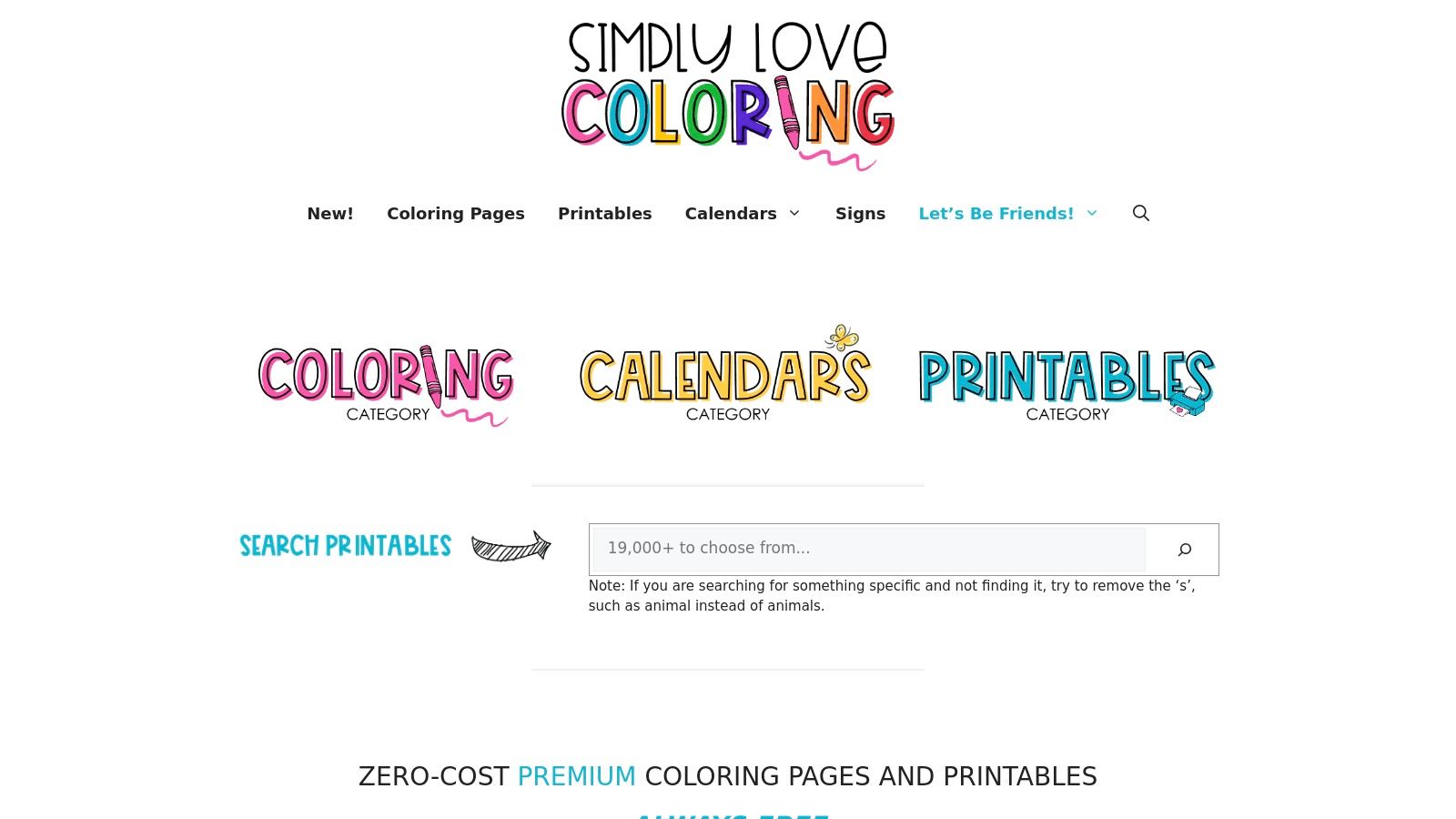 A screenshot of the Simply Love Coloring website homepage showing various coloring page options.