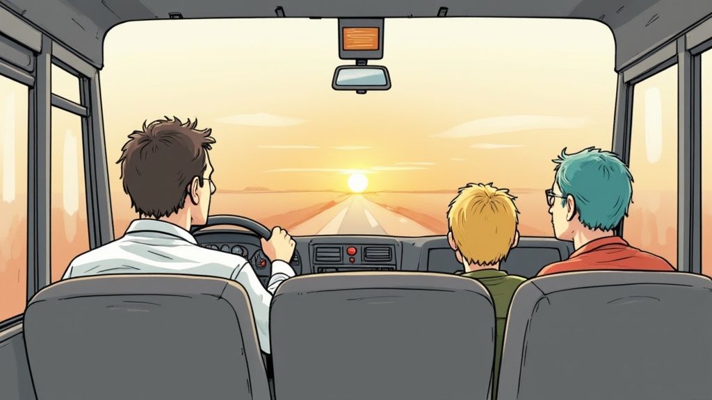 View from inside a vehicle of three people driving towards a bright sunset on a desert road.