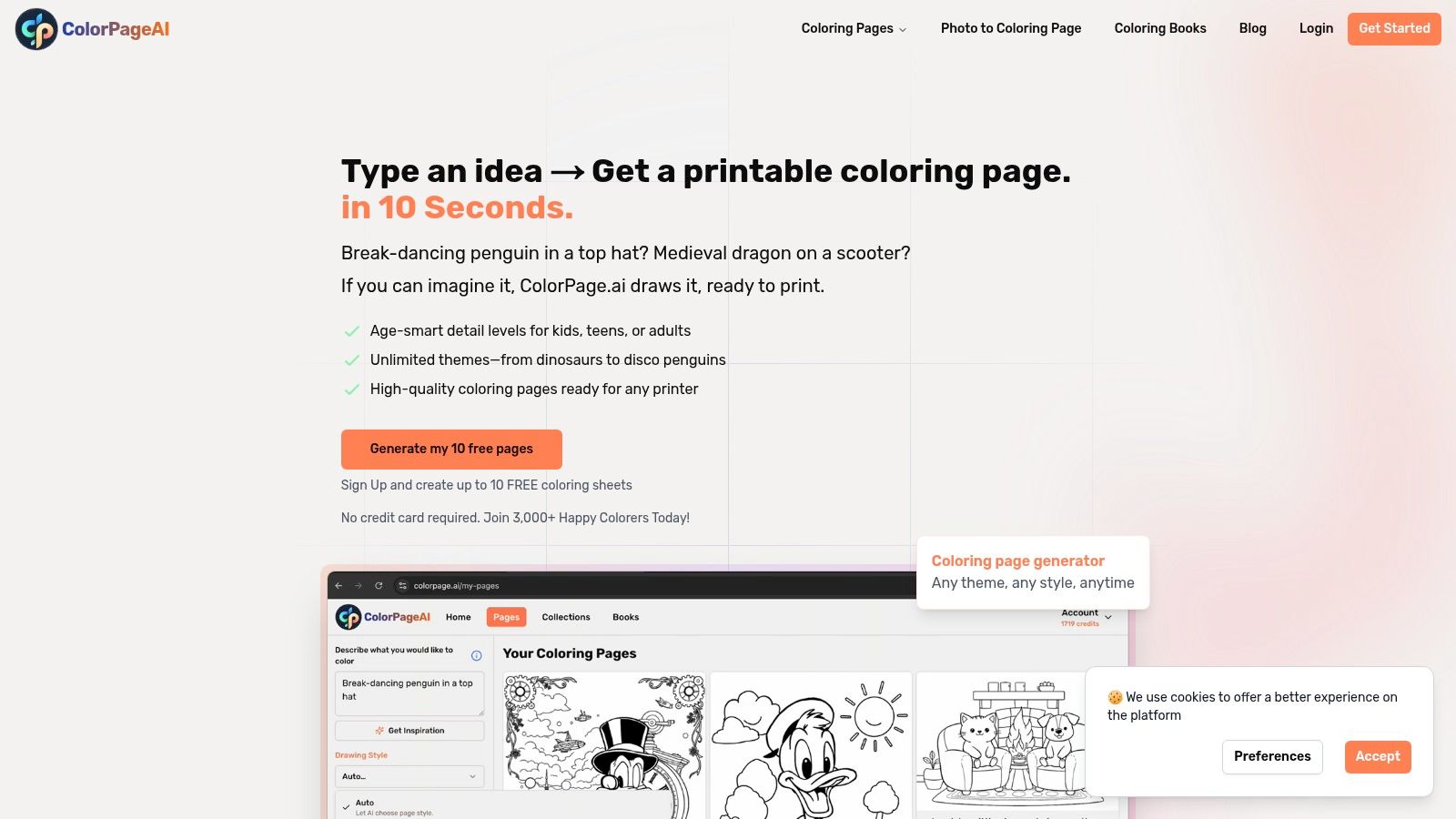 A collage showcasing various AI-generated coloring pages from ColorPageAI, including a waterfall scene