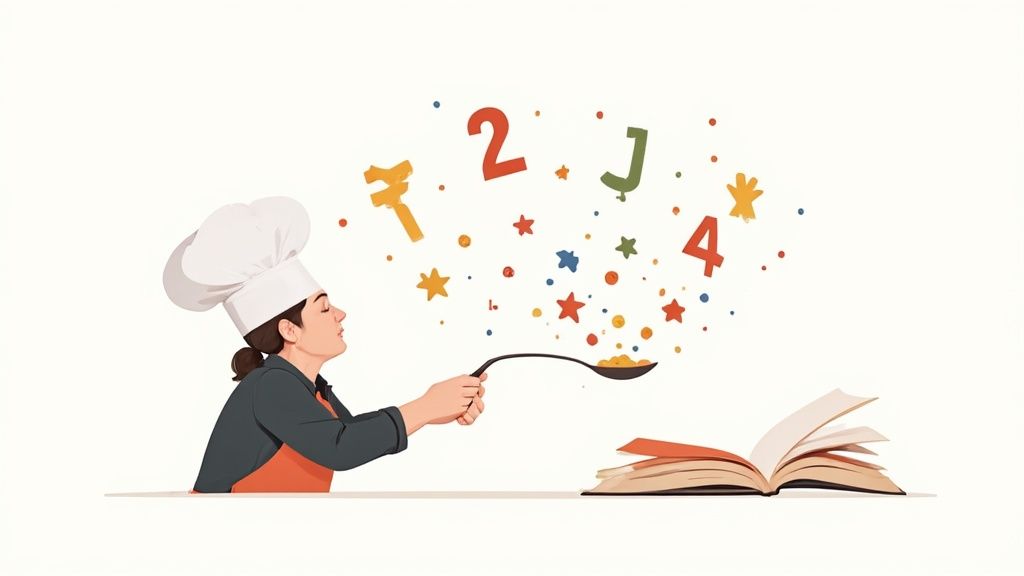 Chef with cookbook flipping spoon with numbers and stars representing cooking measurements and recipes