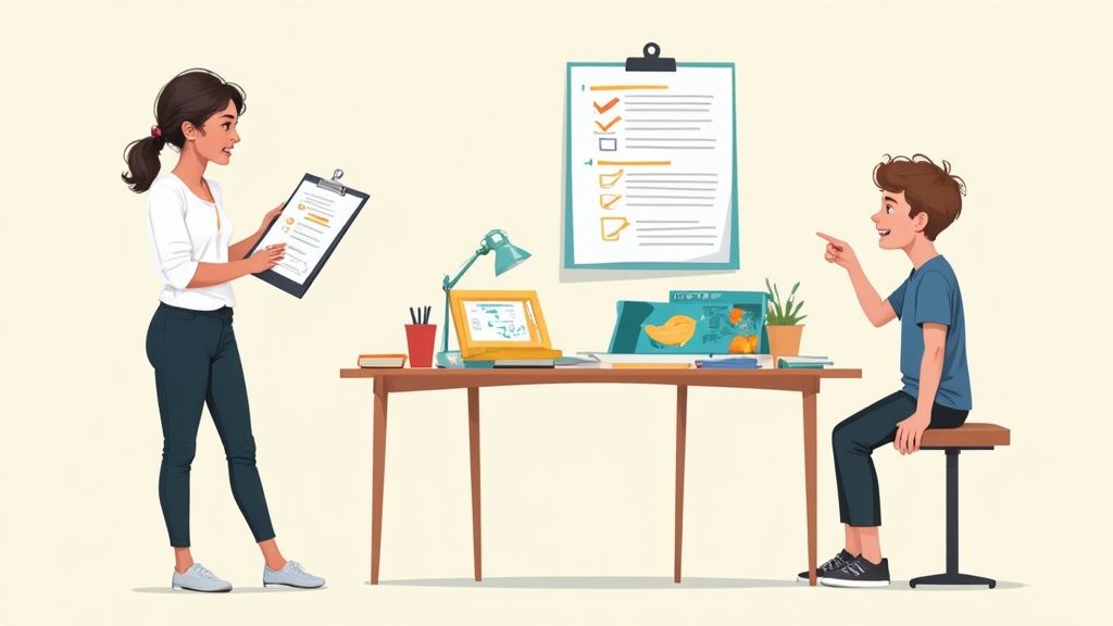 Teacher with clipboard reviewing progress checklist with student sitting at organized desk