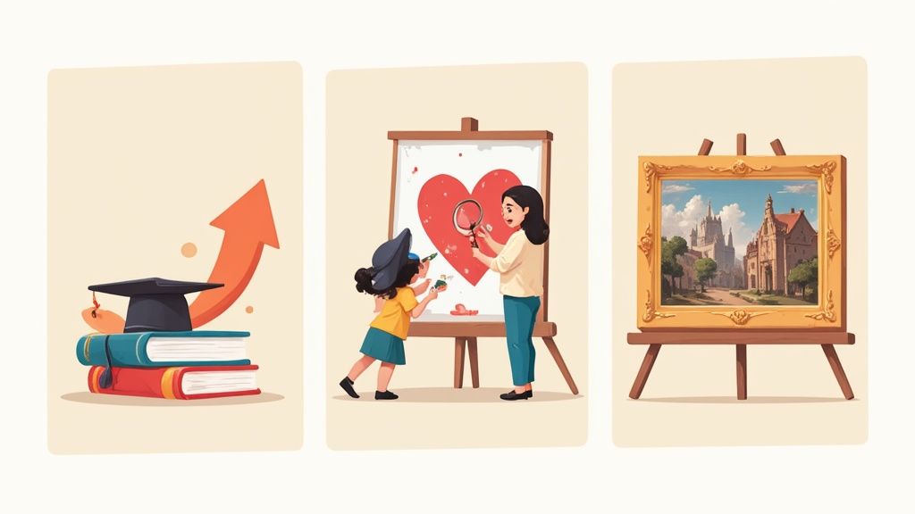 Three educational panels showing graduation cap on books, child and teacher painting heart, and classical artwork on easel