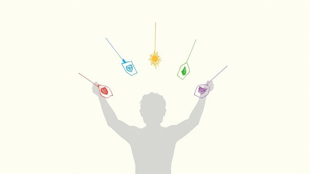 Person conducting color psychology choices with hanging tags showing different colored symbols and sun