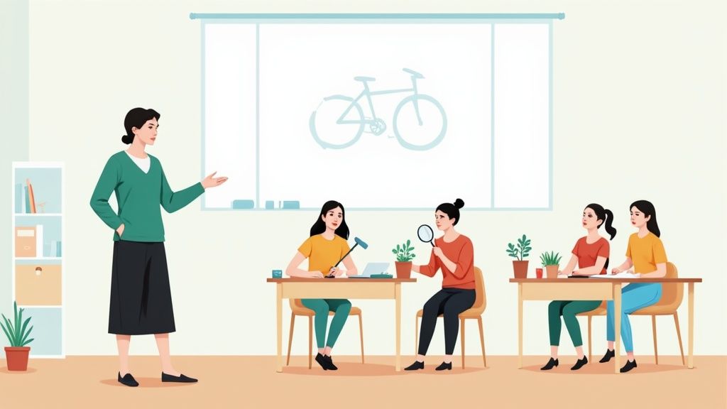 A teacher explains a bicycle drawing on a whiteboard to students in a classroom setting.