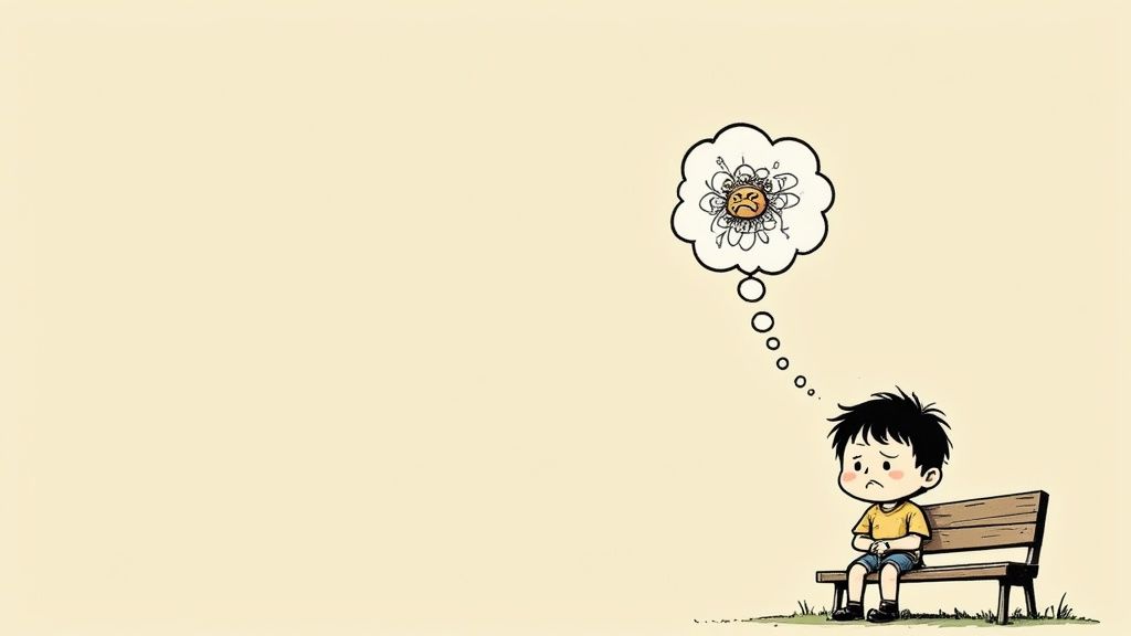 A child sitting alone on a bench, looking sad while other children play in the background.