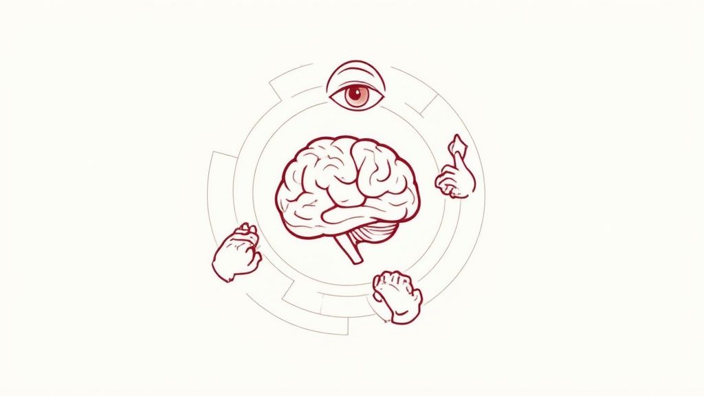 A person's brain with colorful connections between different areas, representing sensory inputs.