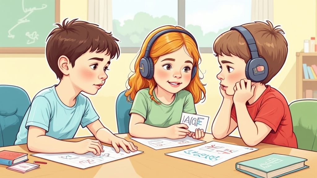 A child tracing letters in a tray of colored sand, a classic multisensory activity.