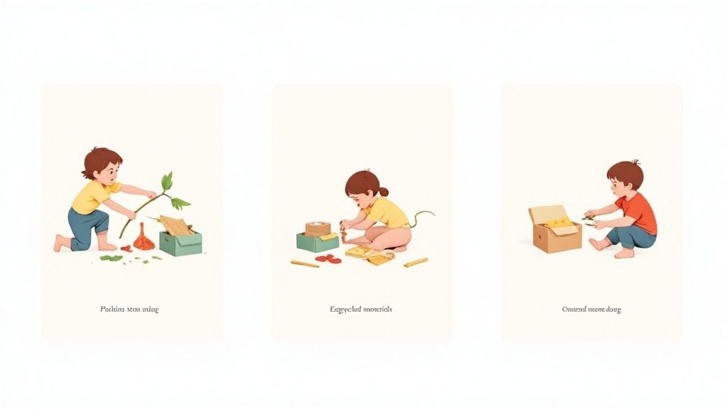 Three illustrations depicting children exploring and creating with natural objects, recycled items, and common materials.