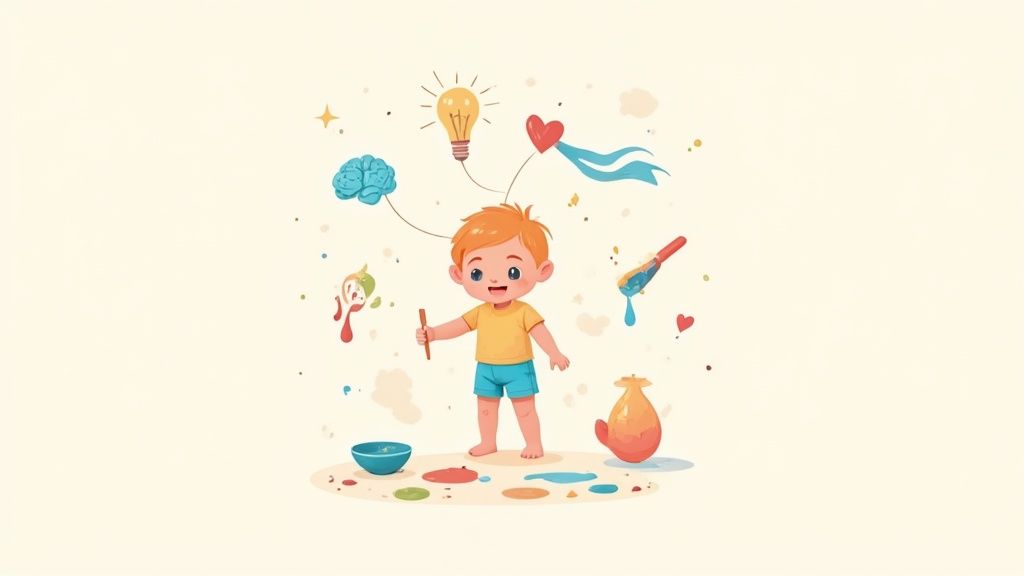 Cute cartoon child surrounded by symbols of creativity, thoughts, and emotions, exploring colors.