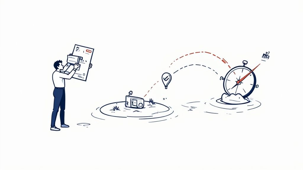 Illustration of a man interacting with a screen, sending information through a radio to a ticking clock.