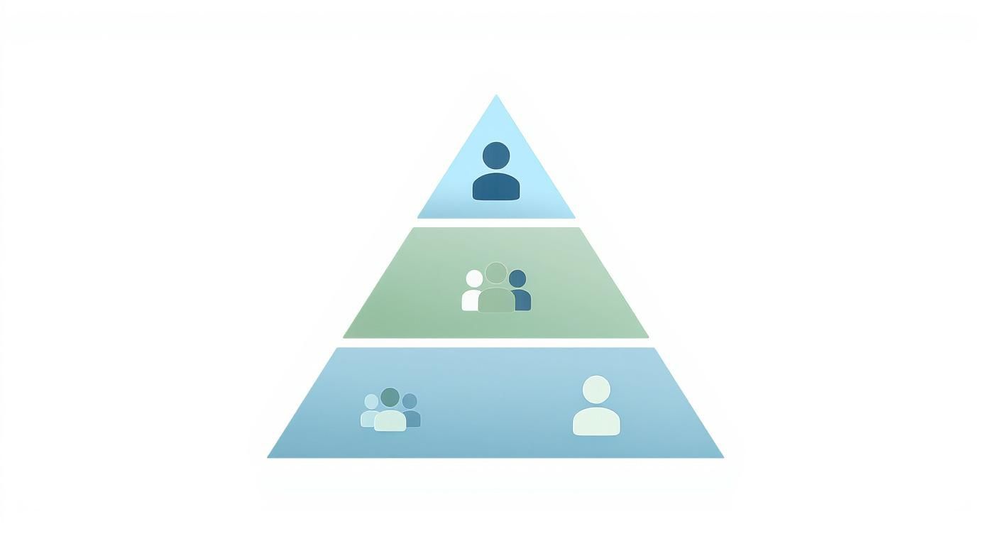Pyramid showing three hierarchical levels, each with varying numbers of person icons.
