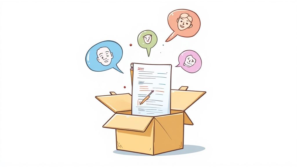 A document with a pencil and edits sits in a cardboard box, surrounded by speech bubbles with diverse faces, representing feedback.
