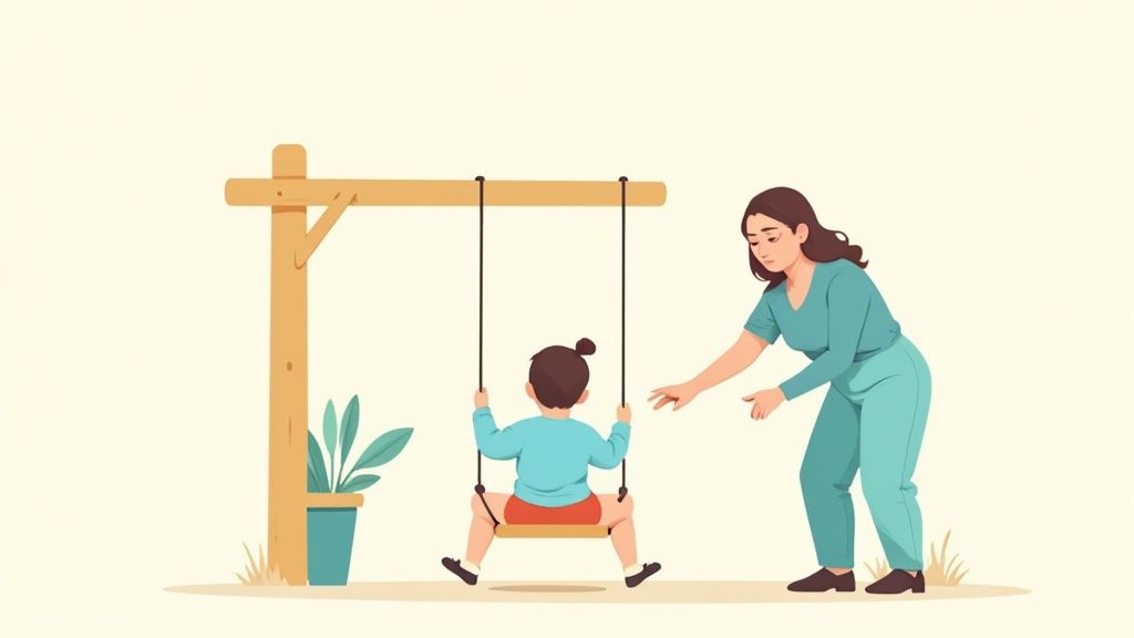 A child joyfully swinging, which is a common occupational therapy activity.