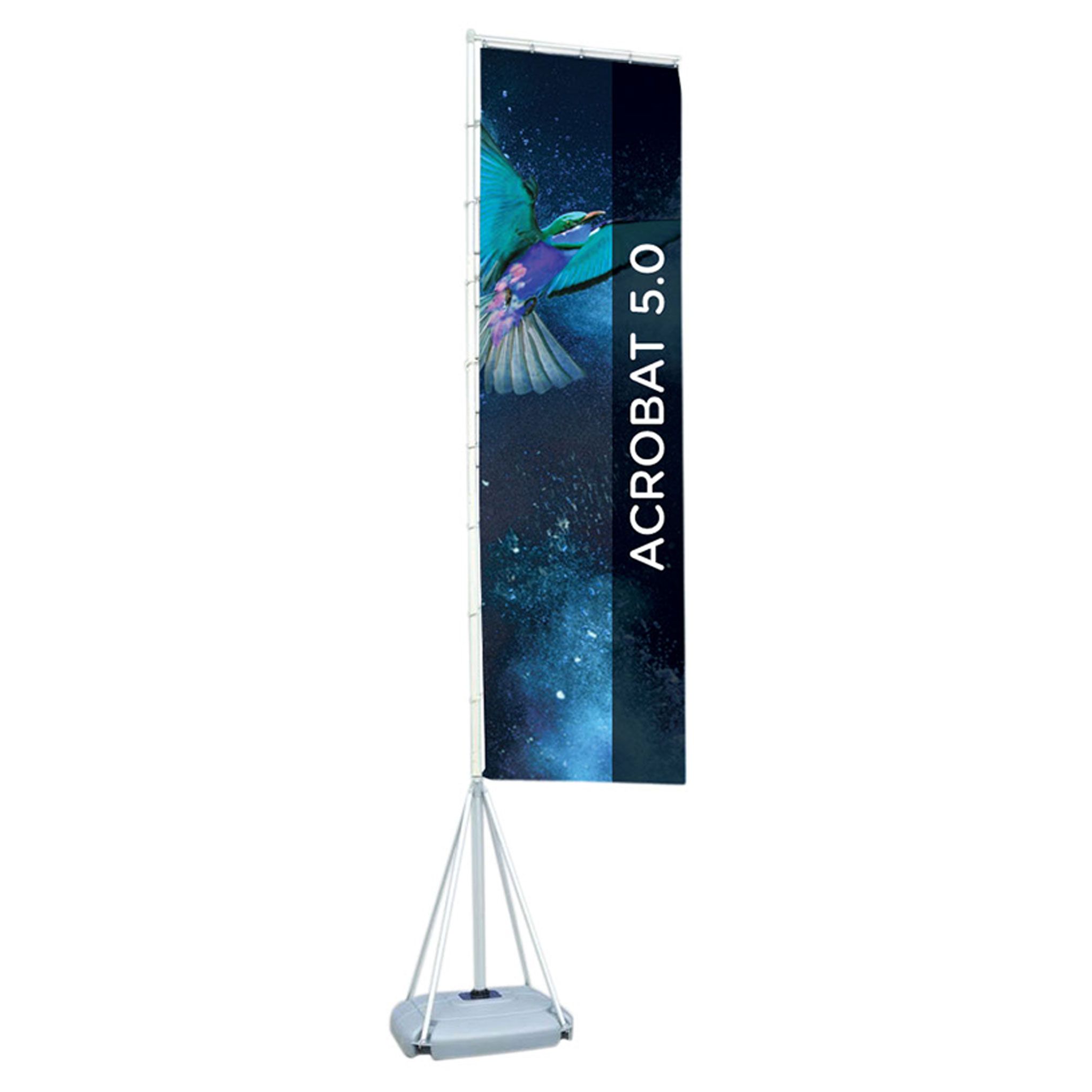 Acrobat 5.0 portable flagpole featuring a tall telescopic aluminum pole displaying a large vertical advertising banner. The pole is supported by a heavy-duty, two-piece molded base designed to be filled with water or sand for outdoor stability.