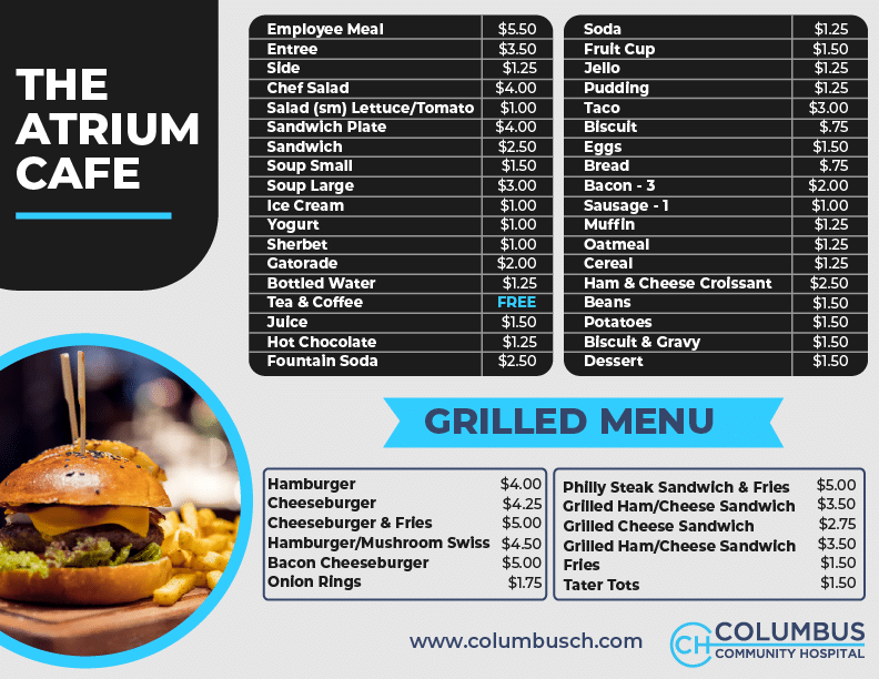 The Atrium Cafe menu at Columbus Community Hospital showing food and beverage prices, including sandwiches, salads, breakfast items, drinks, and a grilled menu with burgers, fries, and sides.