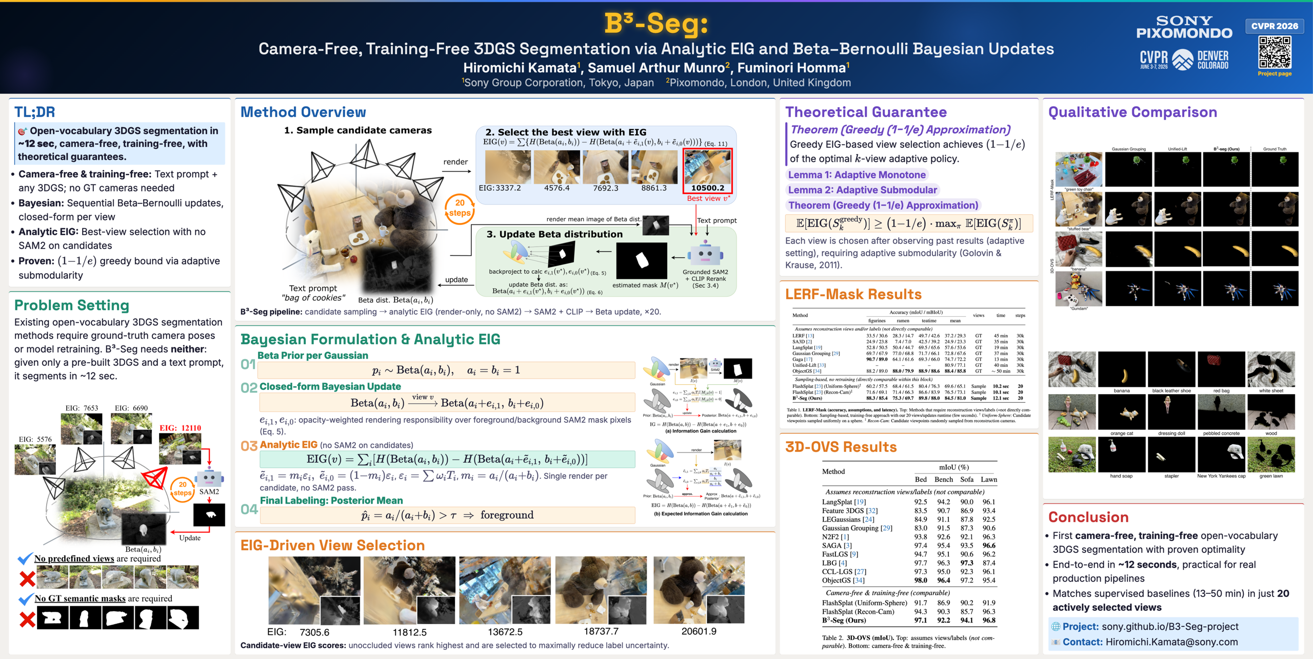 B³-Seg: Camera-Free, Training-Free 3DGS Segmentation via Analytic EIG and Beta-Bernoulli Bayesian Updates