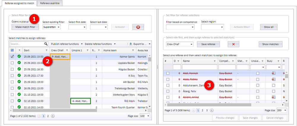 The three parts of the assignment screen: fetched matches, match list, referee list