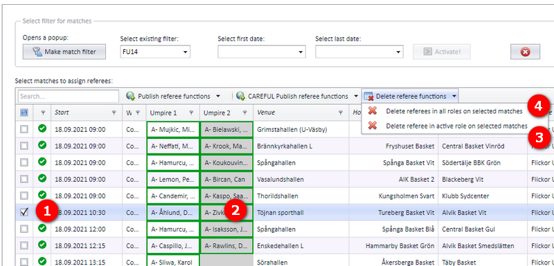 The two delete-referee buttons above the match list