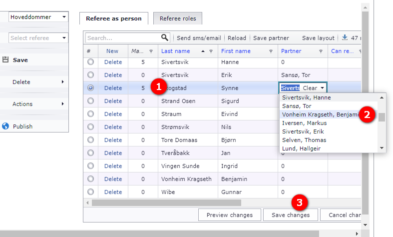 Referee table with the "Partner" column and the "Save changes" button numbered 1 to 3