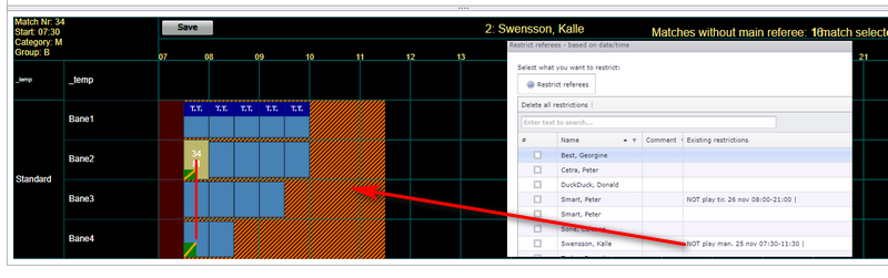 Schedule with orange restriction lines, a crossed referee box and a red collision line numbered 1 to 3