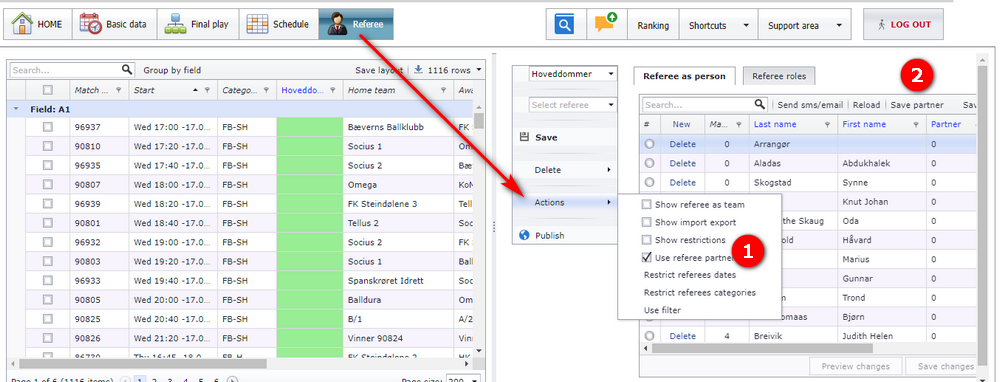 Actions menu with "Use referee partner" ticked and the new button above the referee table