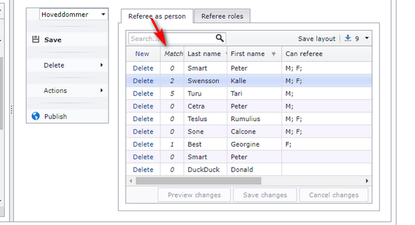 Referee list with the column counting matches per referee