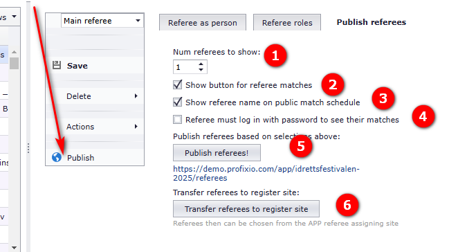 Publish dialog with the "Num referees to show" field