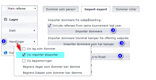 Import/export window with the referee import options numbered 1 to 5
