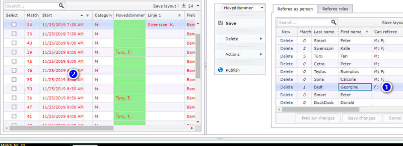 Schedule with the selected referee's restricted matches shown in red
