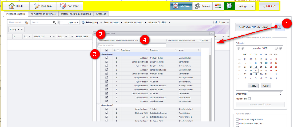 The "Make matches from round robin" dialog with single/double round, match selection and "Make matches from selection"