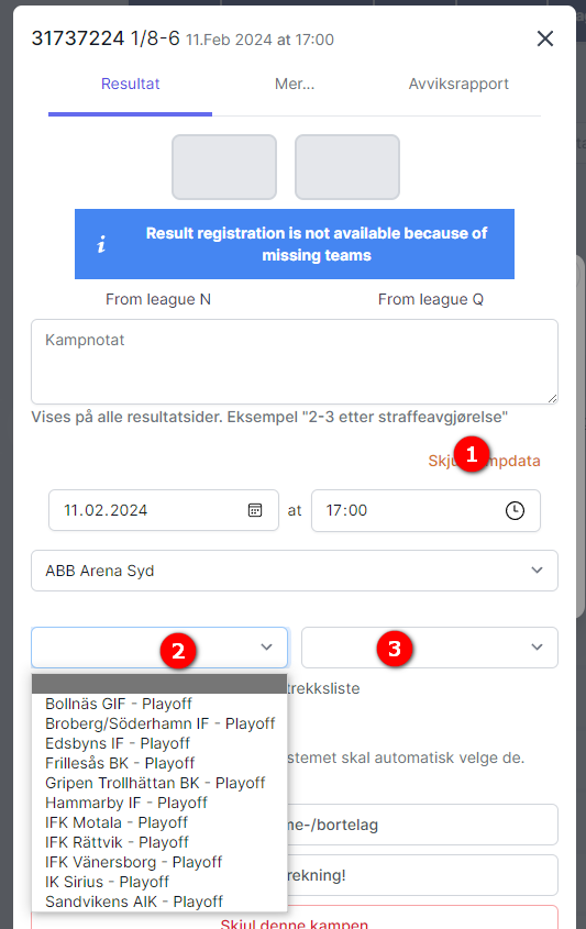 Changing the team in the app from the result registration pop-up