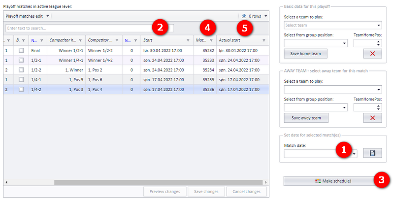 The playoff tree window with the calendar, the Save button, the Start column, the make-schedule button and the Match column