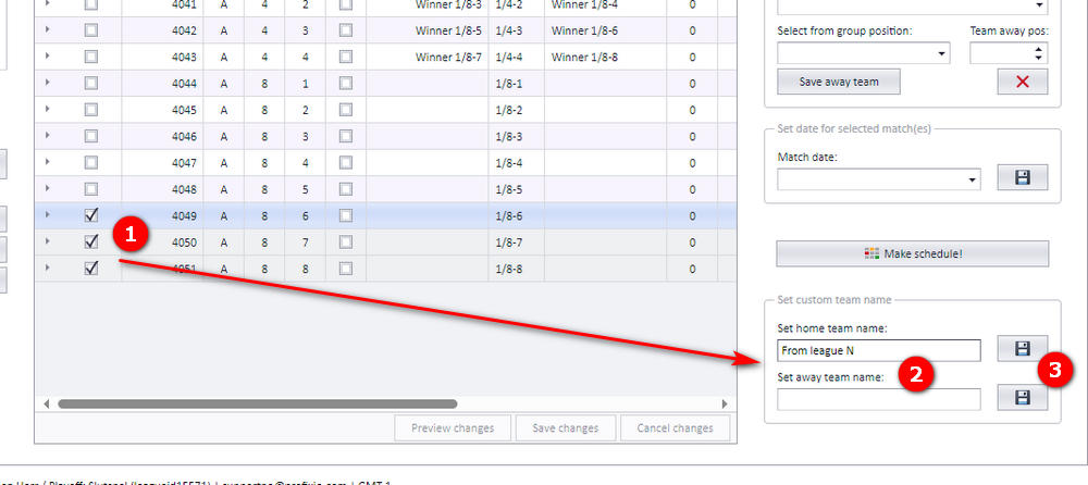 Selecting tree matches, entering a custom home/away team name and saving