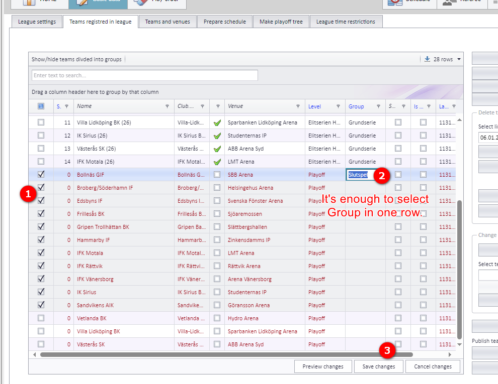 The "Teams registered in league" tab with the teams selected for the new level