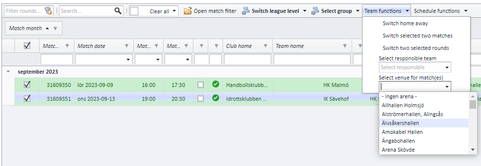 Setting the venue on several matches from Team functions