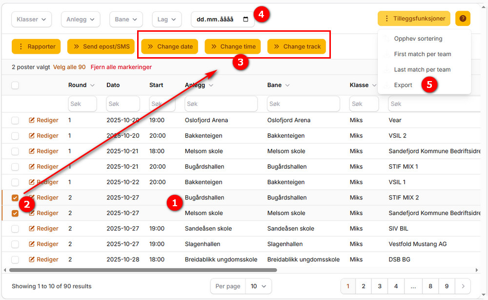 The list view with selection, edit buttons, filters and Excel export