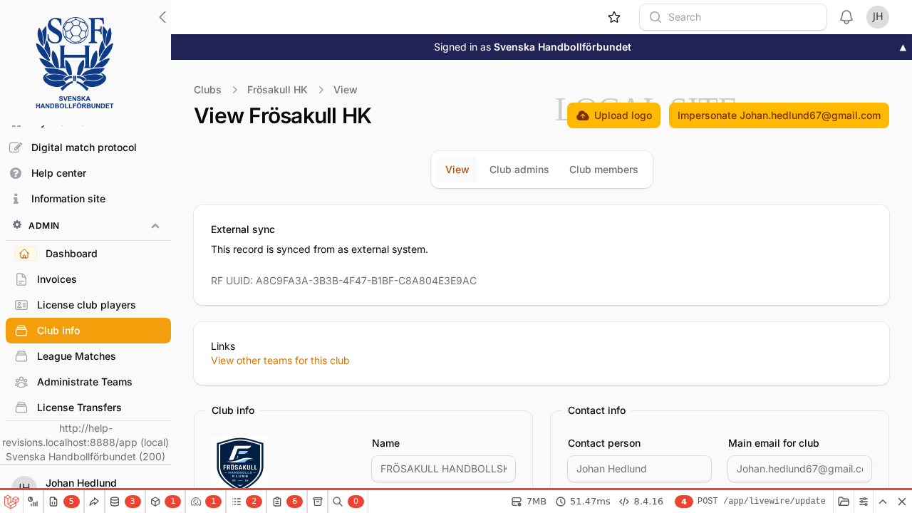 Föreningens sida i Club info, med knappen Upload logo ovanför föreningsuppgifterna