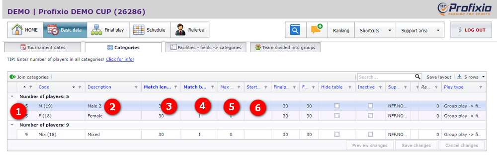 Category window, basic settings
