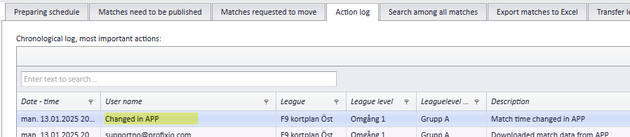 An action log line with the user "Changed in APP"