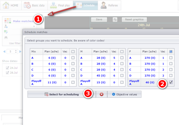 Selecting groups and playoffs for scheduling