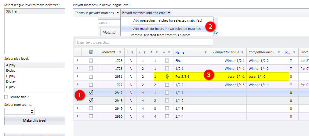The new match for the losers of the two selected matches shown in the table