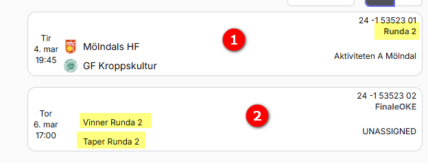 Teams, responsible club and venue filled in from the app after a result