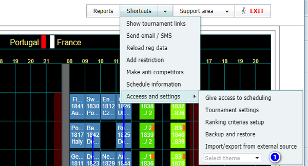 Shortcuts → Access and settings submenu with the Select theme list at the bottom, marked 1