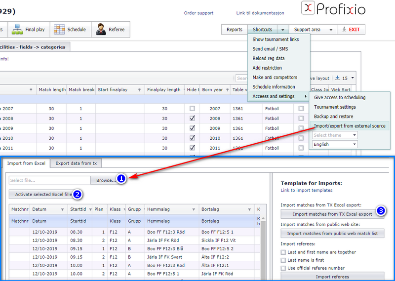 Shortcuts → Access and settings → Import/export from external source, then Browse (1), Activate selected Excel file (2), the preview of the file and Import matches from TX Excel export (3)